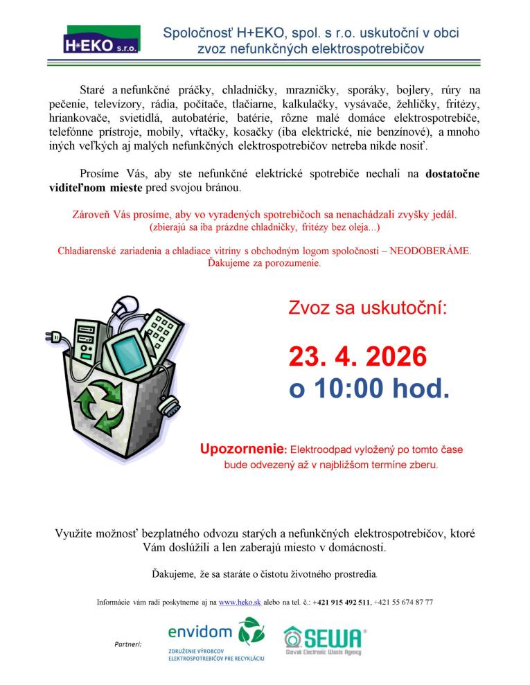 Zber elektroodpadu dňa 23.4.2026