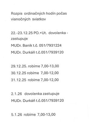 Obvodná lekárka v DNV dáva na vedomie rozpis ordinačných hodín počas vianočných sviatkov